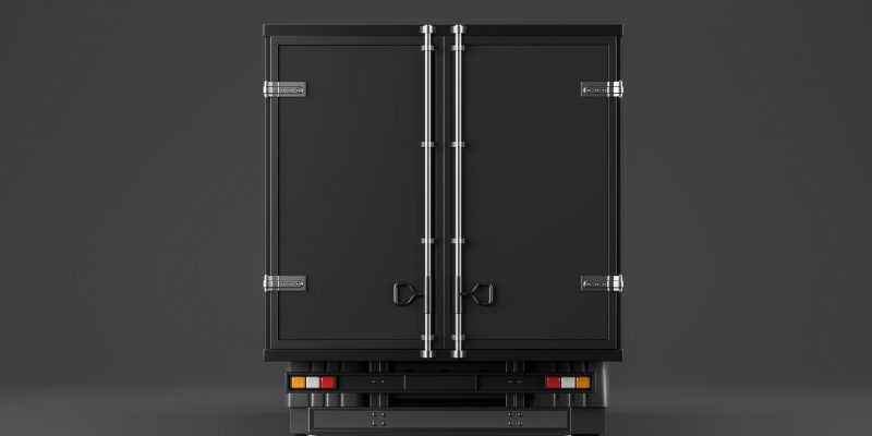 Back,View,Of,Closed,Black,Truck,,Isolated,Over,Black,Background.